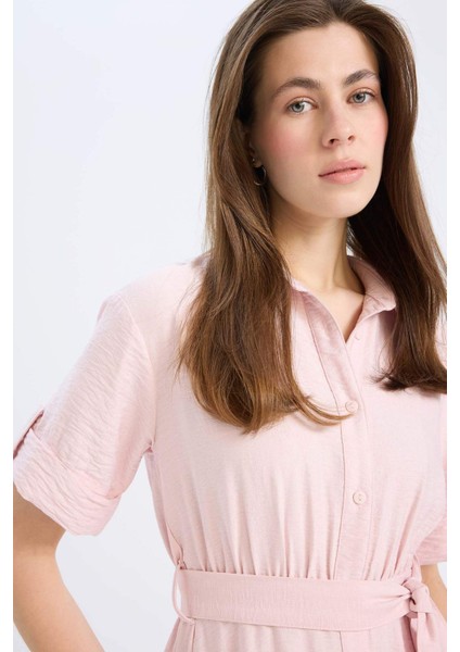 Gömlek Yaka Kısa Kollu Kuşaklı Midi Elbise B5634AX25SM indirimleri