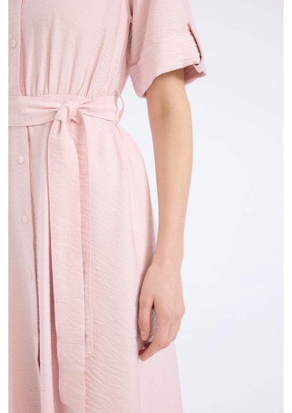 Gömlek Yaka Kısa Kollu Kuşaklı Midi Elbise B5634AX25SM