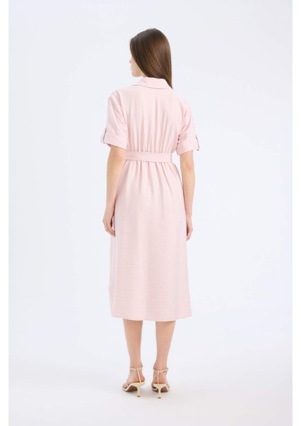 Gömlek Yaka Kısa Kollu Kuşaklı Midi Elbise B5634AX25SM