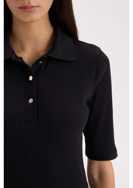 Bodycon Vücudu Saran Polo Yaka Fitilli Kaşkorse Kısa Kollu Midi Elbise D8296AX25SP fırsatları