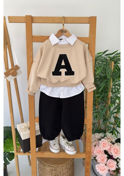 A Işleme Gömlek Detaylı Erkek Çocuk 2 li takım - Bej