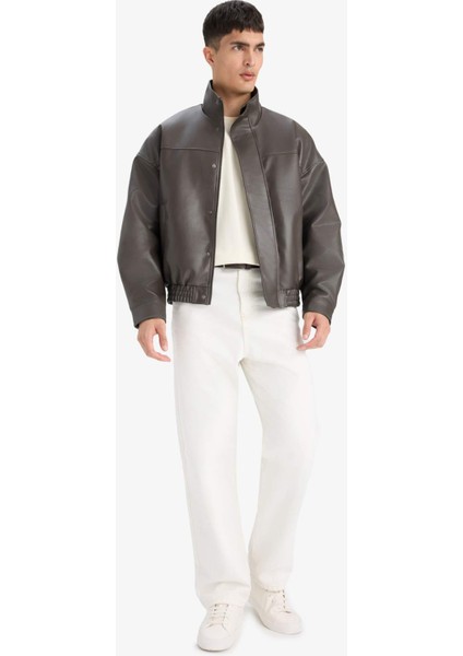 Su İtici Oversize Fit Geniş Kalıp Dik Yaka İç Cepli Çıtçıt Kapamalı Beli Lastikli Deri Ceket Mont D2427AX25AU fiyatları