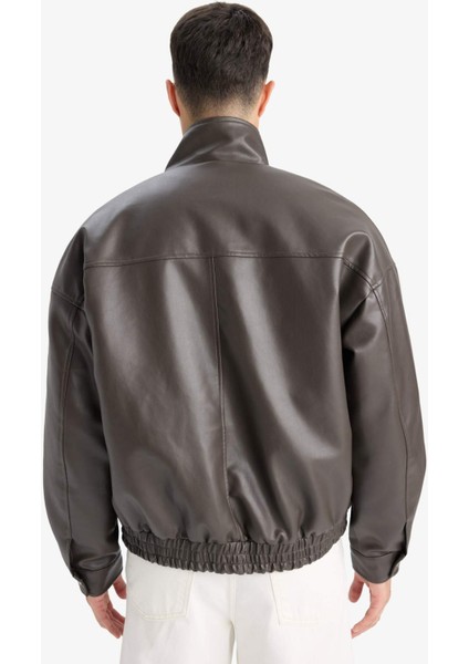 Su İtici Oversize Fit Geniş Kalıp Dik Yaka İç Cepli Çıtçıt Kapamalı Beli Lastikli Deri Ceket Mont D2427AX25AU