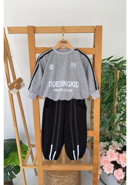 Erkek Çocuk Şerit Detaylı Sweatshirt ve Eşofman Altı spor takım 2’li - Gri