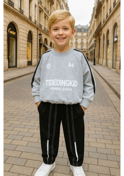 Erkek Çocuk Şerit Detaylı Sweatshirt ve Eşofman Altı spor takım 2’li - Gri fiyatları