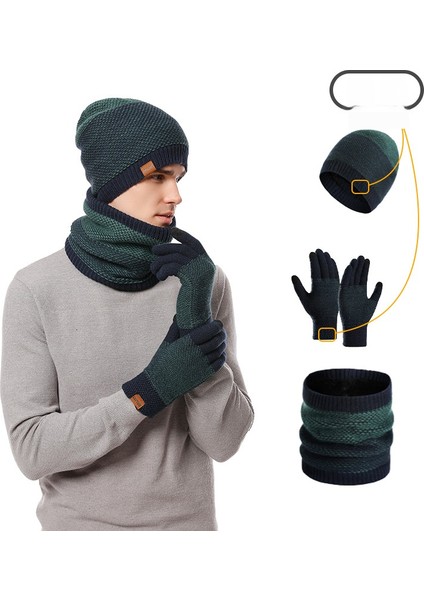 Yeni Örme Şapka Eşarp Eldiven Üç Parçalı Takım Elbise Erkek Kış Sıcak Şapka Eldiven Önlük (Yurt Dışından)