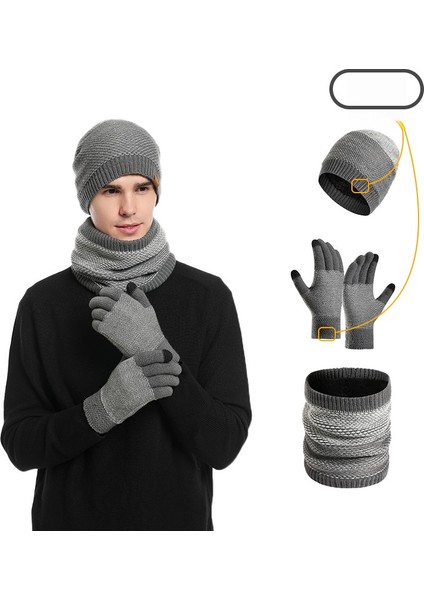 Yeni Örme Şapka Eşarp Eldiven Üç Parçalı Takım Elbise Erkek Kış Sıcak Şapka Eldiven Önlük (Yurt Dışından)