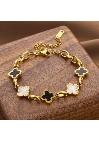 Mizaç Siyah ve Beyaz Yonca Titanyum Çelik Bileklik Kadın Mori Niş Tasarım Bilezik Tatlı Kız Takı (Yurt Dışından)