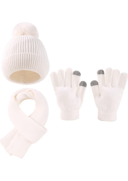 Çocuk Sevimli Yün Top Şapka Eşarp Eldiven 3 Takım Elbise Kış Şapka Artı Kadife Hazine Şapka (Yurt Dışından)