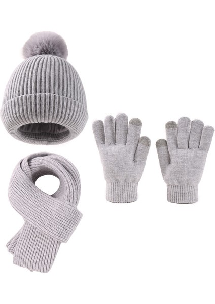 Çocuk Sevimli Yün Top Şapka Eşarp Eldiven 3 Takım Elbise Kış Şapka Artı Kadife Hazine Şapka (Yurt Dışından)