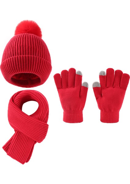 Çocuk Sevimli Yün Top Şapka Eşarp Eldiven 3 Takım Elbise Kış Şapka Artı Kadife Hazine Şapka (Yurt Dışından)