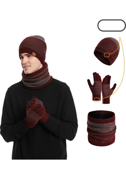 Yeni Örme Şapka Eşarp Eldiven Üç Parçalı Takım Elbise Erkek Kış Sıcak Şapka Eldiven Önlük (Yurt Dışından)