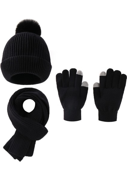Çocuk Sevimli Yün Top Şapka Eşarp Eldiven 3 Takım Elbise Kış Şapka Artı Kadife Hazine Şapka (Yurt Dışından)