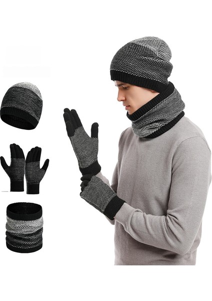 Yeni Örme Şapka Eşarp Eldiven Üç Parçalı Takım Elbise Erkek Kış Sıcak Şapka Eldiven Önlük (Yurt Dışından)