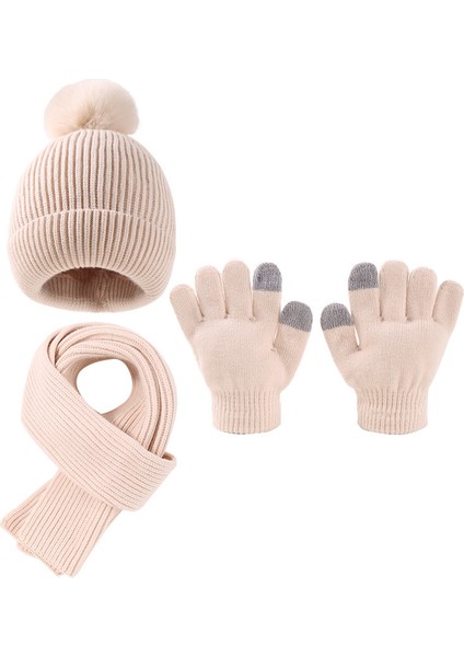 Çocuk Sevimli Yün Top Şapka Eşarp Eldiven 3 Takım Elbise Kış Şapka Artı Kadife Hazine Şapka (Yurt Dışından)