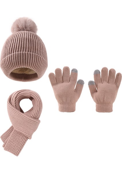 Çocuk Sevimli Yün Top Şapka Eşarp Eldiven 3 Takım Elbise Kış Şapka Artı Kadife Hazine Şapka (Yurt Dışından)