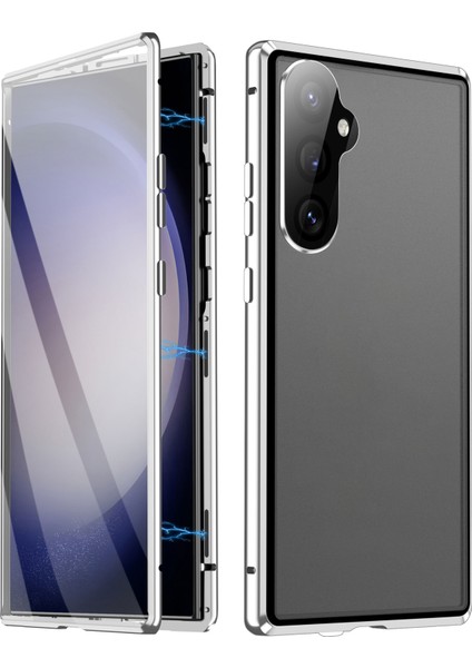 Samsung Galaxy S25 Kılıfı Çift Taraflı Temperli Cam + Metal Manyetik Telefon Kılıfı Tokalı - Gümüş (Yurt Dışından)