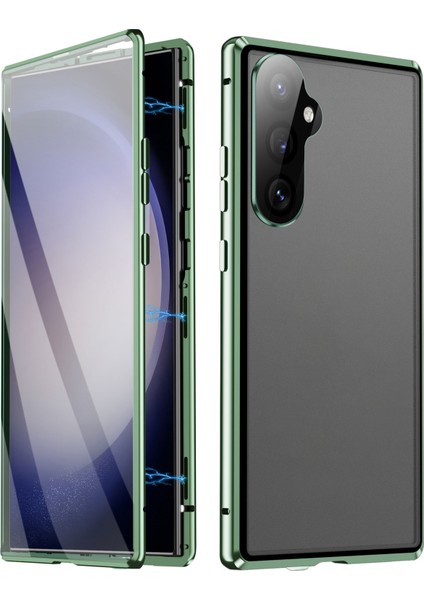 Samsung Galaxy S25 Kılıfı Çift Taraflı Temperli Cam + Metal Manyetik Telefon Kılıfı Tokalı - Yeşil (Yurt Dışından)