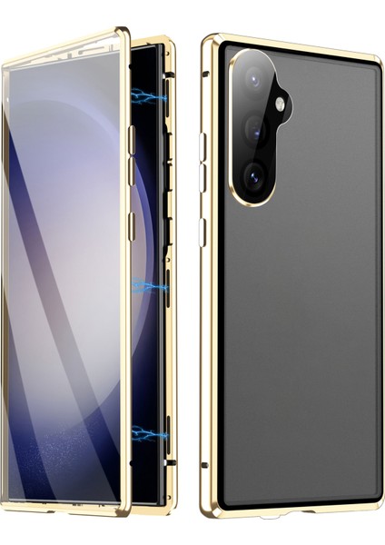 Samsung Galaxy S25 Kılıfı Çift Taraflı Temperli Cam + Metal Manyetik Telefon Kılıfı Tokalı - Altın (Yurt Dışından)