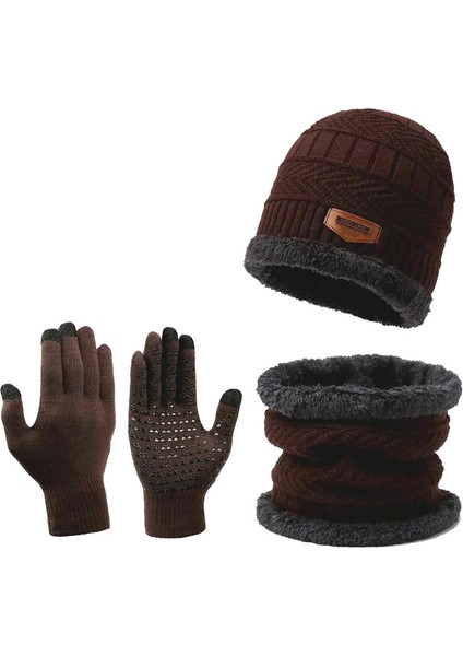 Örme Şapka Dokunmatik Ekran Yün Eldiven Kaymaz Kış Önlük Şapka Artı Polar Üç Parçalı Sıcak (Yurt Dışından)
