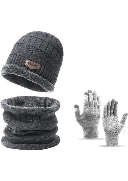 Örme Şapka Dokunmatik Ekran Yün Eldiven Kaymaz Kış Önlük Şapka Artı Polar Üç Parçalı Sıcak (Yurt Dışından)