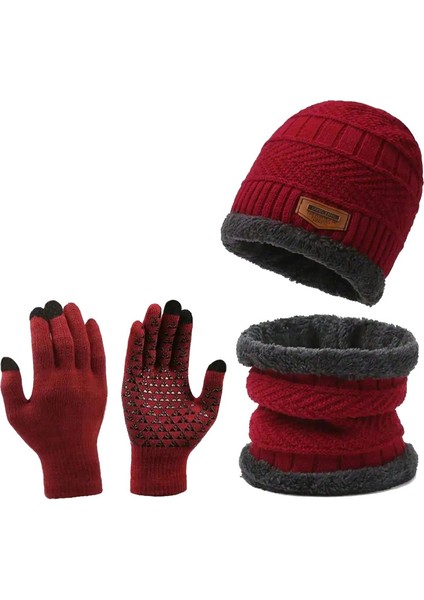 Örme Şapka Dokunmatik Ekran Yün Eldiven Kaymaz Kış Önlük Şapka Artı Polar Üç Parçalı Sıcak (Yurt Dışından)