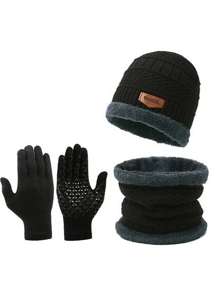 Örme Şapka Dokunmatik Ekran Yün Eldiven Kaymaz Kış Önlük Şapka Artı Polar Üç Parçalı Sıcak (Yurt Dışından)