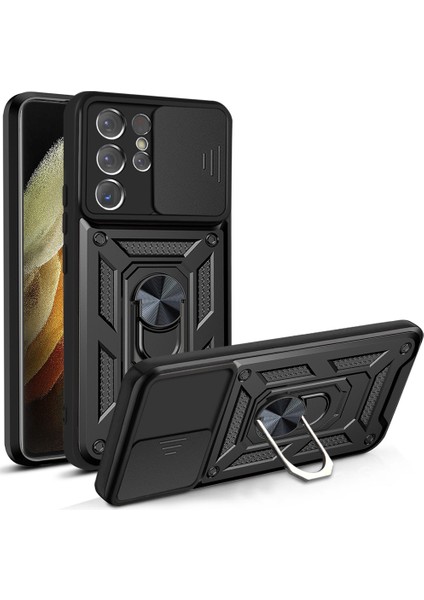 Samsung Galaxy S21 Ultra 5g-Siyah Için Sürgülü Kamera Kılıfı Pc+Tpu Darbeye Dayanıklı Çizilmeye Dayanıklı Ayaklı Telefon Kılıfı (Yurt Dışından)