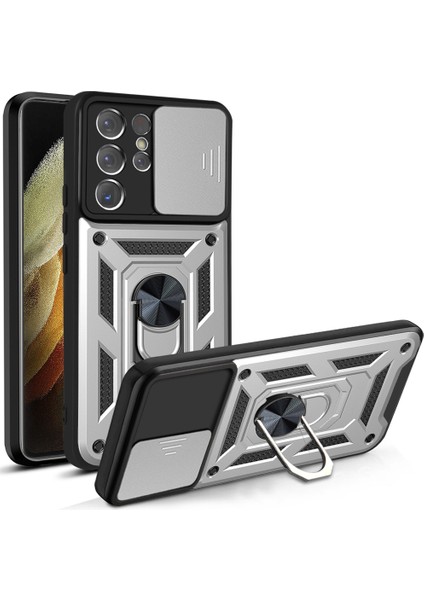 Samsung Galaxy S21 Ultra 5g-Gümüş Için Sürgülü Kamera Kılıfı Pc+Tpu Darbeye Dayanıklı Çizilmeye Dayanıklı Ayaklı Telefon Kılıfı (Yurt Dışından)