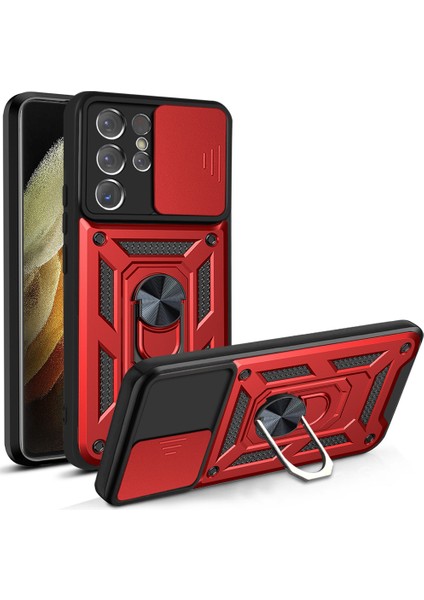 Samsung Galaxy S21 Ultra 5g-Kırmızı Için Sürgülü Kamera Kılıfı Pc+Tpu Darbeye Dayanıklı Çizilmeye Dayanıklı Ayaklı Telefon Kılıfı (Yurt Dışından)