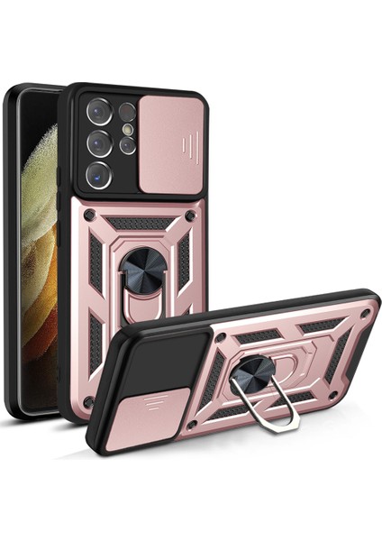 Samsung Galaxy S21 Ultra 5g Için Sürgülü Kamera Kılıfı Pc+Tpu Darbeye Dayanıklı Çizilmeye Dayanıklı Ayaklı Telefon Kılıfı-Gül Altını (Yurt Dışından)