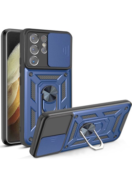 Samsung Galaxy S21 Ultra 5g-Mavi Için Sürgülü Kamera Kılıfı Pc+Tpu Darbeye Dayanıklı Çizilmeye Dayanıklı Ayaklı Telefon Kılıfı (Yurt Dışından)