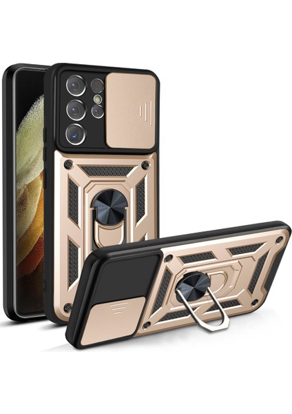 Samsung Galaxy S21 Ultra 5g-Gold Için Sürgülü Kamera Kılıfı Pc+Tpu Darbeye Dayanıklı Çizilmeye Dayanıklı Kickstand Telefon Kılıfı (Yurt Dışından)