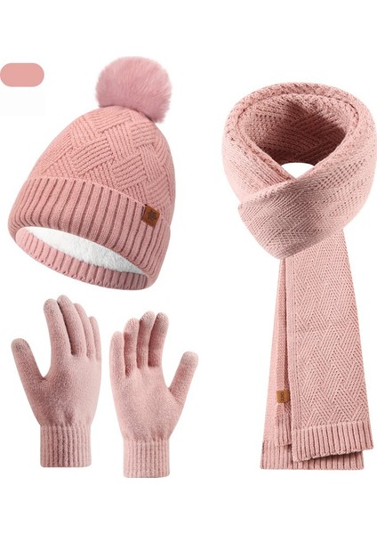 Örgü Bere Atkı Eldiven Takımı Kadın Sonbahar Kış Dış Mekan Sıcak Tutucu Çift Katlı Yün Örgü Bere (Yurt Dışından)