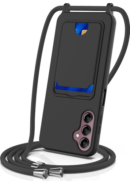 Samsung Galaxy A14 4g/5g Kılıf Kart Tutucu Sıvı Silikon Telefon Kılıfı ve Kordonu-Siyah (Yurt Dışından)