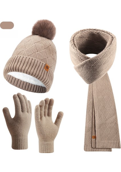 Örgü Bere Atkı Eldiven Takımı Kadın Sonbahar Kış Dış Mekan Sıcak Tutucu Çift Katlı Yün Örgü Bere (Yurt Dışından)