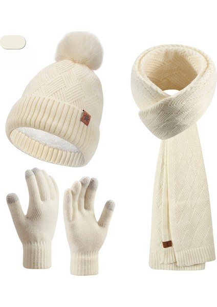 Örgü Bere Atkı Eldiven Takımı Kadın Sonbahar Kış Dış Mekan Sıcak Tutucu Çift Katlı Yün Örgü Bere (Yurt Dışından)