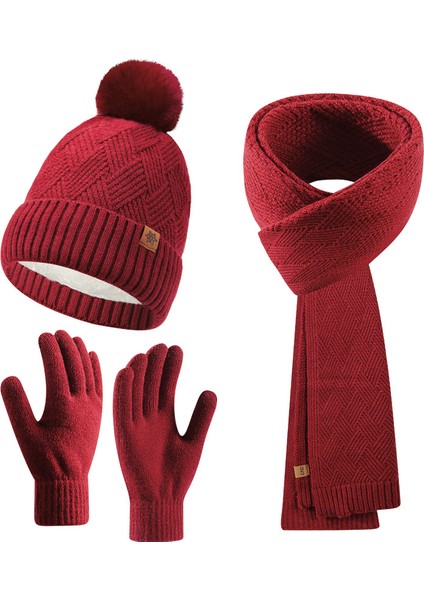 Örgü Bere Atkı Eldiven Takımı Kadın Sonbahar Kış Dış Mekan Sıcak Tutucu Çift Katlı Yün Örgü Bere (Yurt Dışından)
