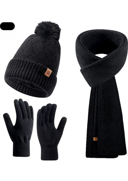 Örgü Bere Atkı Eldiven Takımı Kadın Sonbahar Kış Dış Mekan Sıcak Tutucu Çift Katlı Yün Örgü Bere (Yurt Dışından)