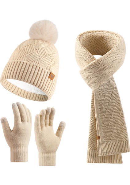 Örgü Bere Atkı Eldiven Takımı Kadın Sonbahar Kış Dış Mekan Sıcak Tutucu Çift Katlı Yün Örgü Bere (Yurt Dışından)