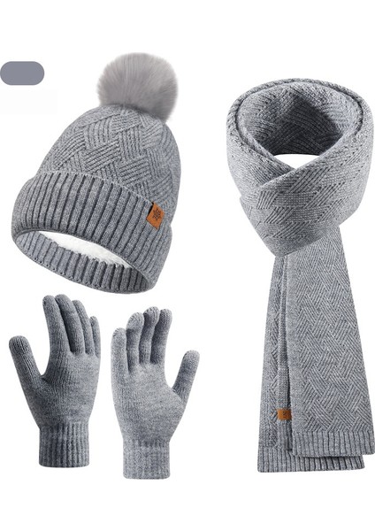 Örgü Bere Atkı Eldiven Takımı Kadın Sonbahar Kış Dış Mekan Sıcak Tutucu Çift Katlı Yün Örgü Bere (Yurt Dışından)