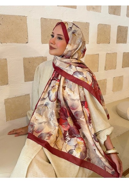 Desenli Pamuk Soft Şal Ilham Serisi Bordo-Krem modelleri