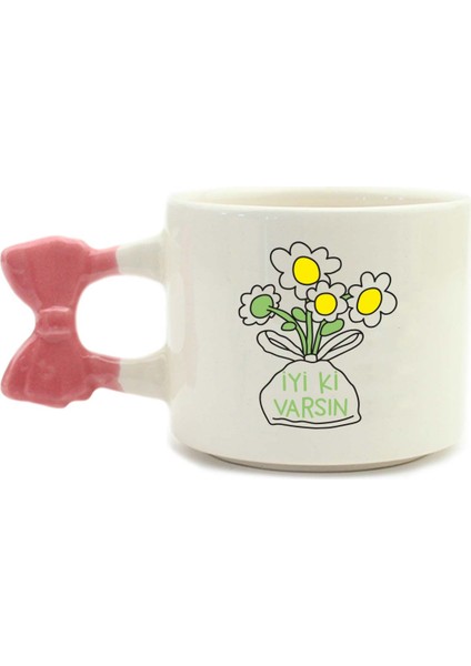 Iyi Ki Varsın Papatya Buketi El Yapımı Krem Parlak Kurdele Kulp Kupa - El Işçiliği Hediyelik Kupa Bardak Mug