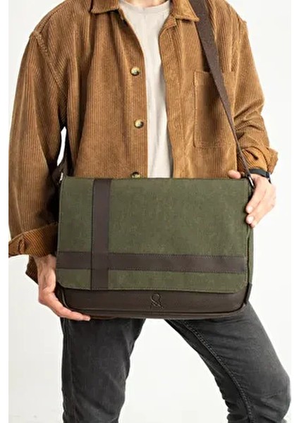 Mega 418 Unısex Kanvas Postacı Çantası Askılı Çanta Omuz Çanta Yeşil-Kahve