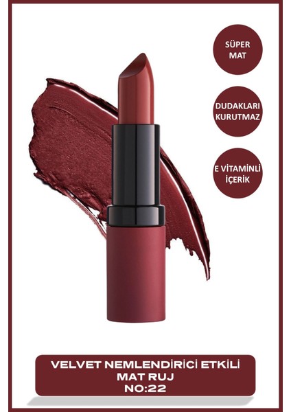 Velvet Matte Ruj No:22 Mid Brown – Paraben İçermeyen, Nemlendirici ve Uzun Süre Kalıcı Mat Dudak Rengi 1 Adet fiyatları