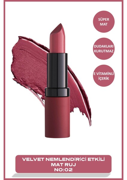 Velvet Matte Ruj No: 02 Antique Rose – Kadifemsi Mat Doku, Uzun Süre Kalıcı ve Yoğun Renk Etkisi fiyatları
