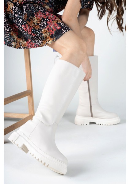 Kadın Bej Cilt Bot – Kısa Topuklu, Ortopedik Tabanlı, Koku ve Ter Önleyici Astar, Kaymaz Trekking Taban