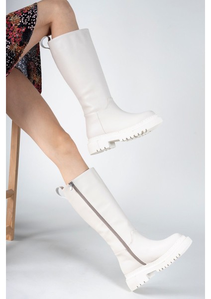 Kadın Bej Cilt Bot – Kısa Topuklu, Ortopedik Tabanlı, Koku ve Ter Önleyici Astar, Kaymaz Trekking Taban