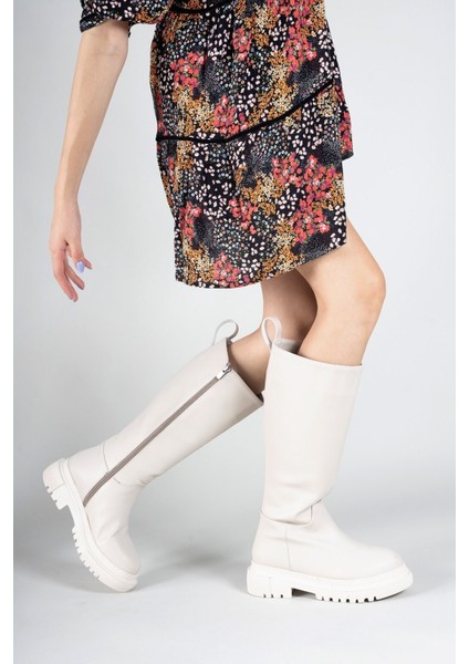 Kadın Bej Cilt Bot – Kısa Topuklu, Ortopedik Tabanlı, Koku ve Ter Önleyici Astar, Kaymaz Trekking Taban