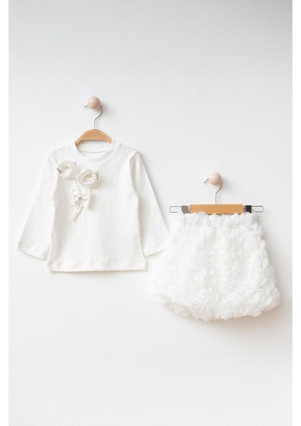 3D Çift Gül Detaylı Kız Çocuk Etekli takım - Beyaz